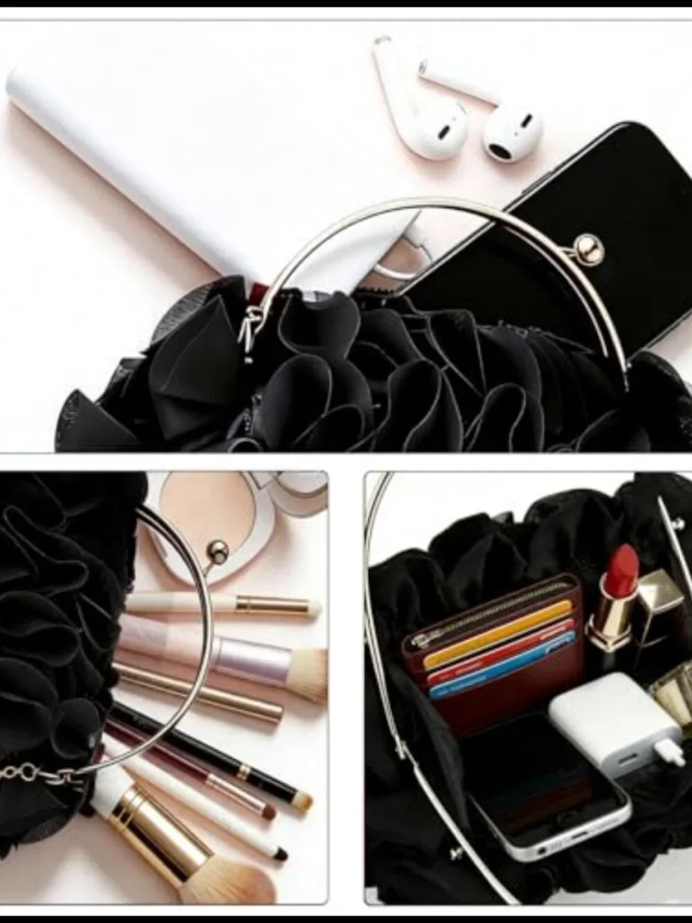 Satin Floral Evening Clutch with Chain Detachable Strap Wedding Party Purse